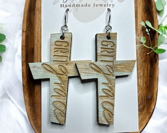 Hand-Painted Engraved “Grace” Wooden Cross Earrings