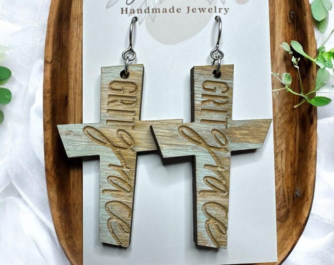 Hand-Painted Engraved “Grace” Wooden Cross Earrings
