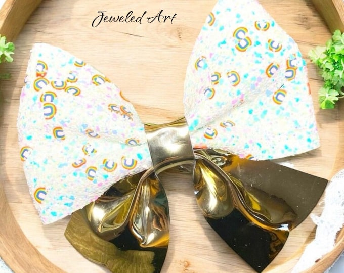 Rainbow Confetti Faux Leather Bow Hair Clip – Gold Accent Bow - St. Patrick's Day