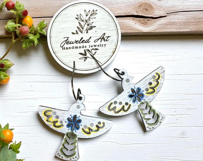 Hand-Painted Aztec Bird Wood Earrings