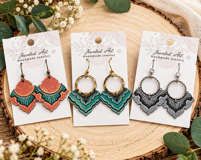 Hand-Painted Abstract Scalloped V Engraved Leather Earrings - 3 Styles