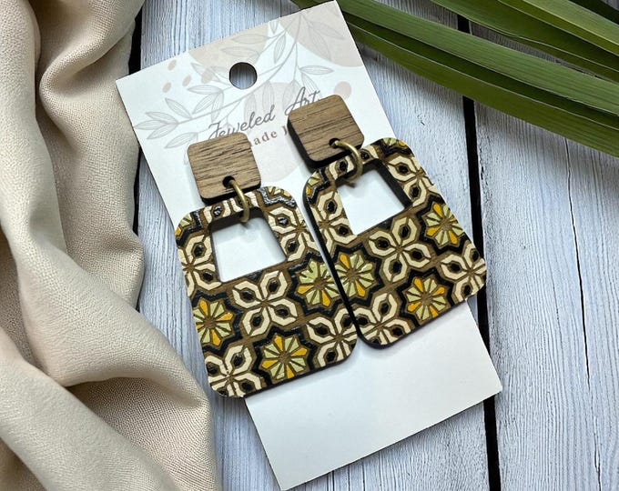 Hand-Painted Retro Floral Tile Inspired Wood Earrings