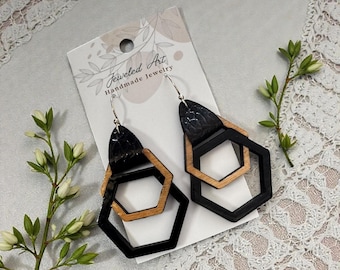 Black and Natural Wood Geometric Hexagon Wood Earrings with Leather