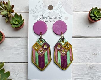 Hand-Painted Floral Fringe Wood Engraved Earrings