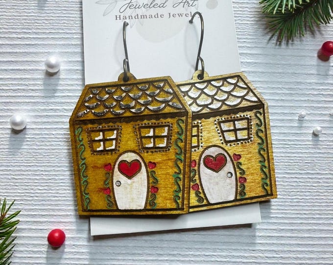 Hand-Painted Gingerbread House Wooden Engraved Earrings