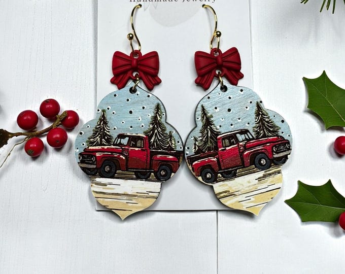 Hand-Painted Vintage Red Truck Winter Scene Earrings