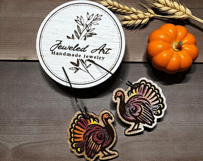Hand-Painted Engraved Wood Turkey Earrings – Jeweled Art Handmade