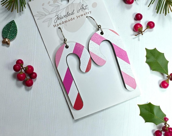 Hand-Crafted Pink and Red Candy Cane Wooden Earrings