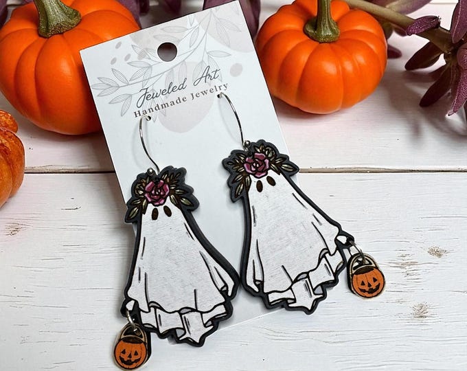 Hand-Painted Spooky Ghost Trick-or-Treaters Engraved Wood Earrings - Spooky Season