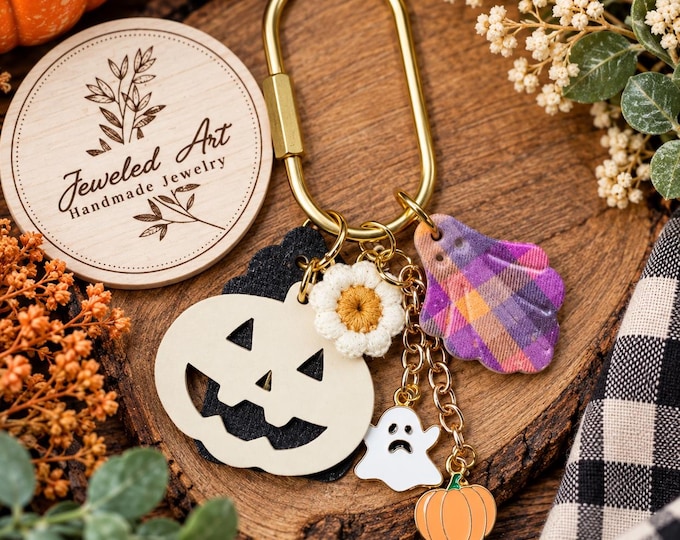 Halloween Pumpkin & Ghost Purse Charm with Floral Accents