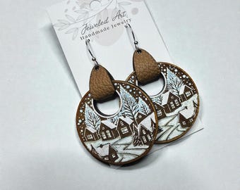 Hand-Painted Snowy Village Round Wooden Engraved Earrings