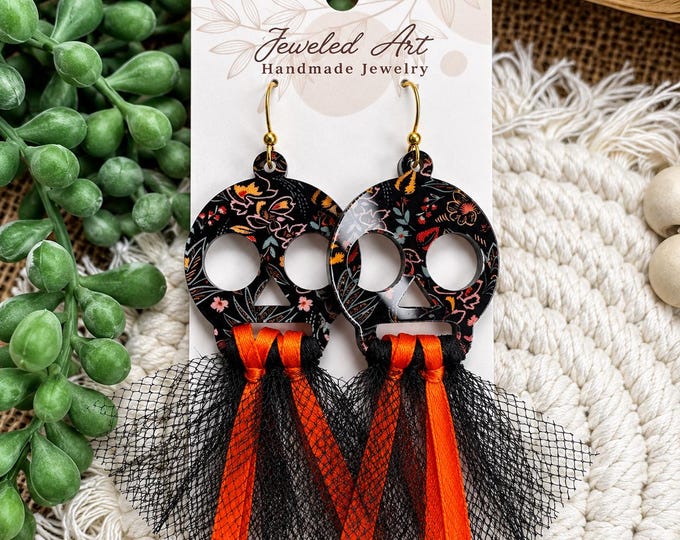 Floral Skull Tulle Earrings – Acrylic Halloween Statement Jewelry