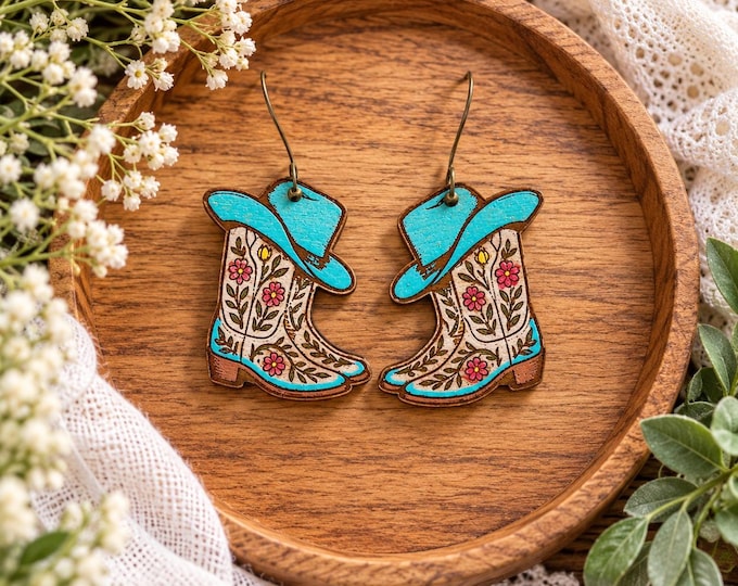 Country Wood Cowboy Boot Earrings, Turquoise Floral Western Dangle Earrings