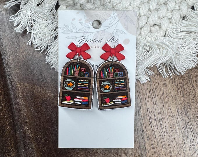 Teacher Bookshelf Earrings with Red Bow Accent