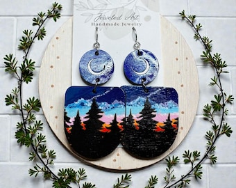 Hand-Painted Moonlit Forest Wood Engraved Statement Earrings