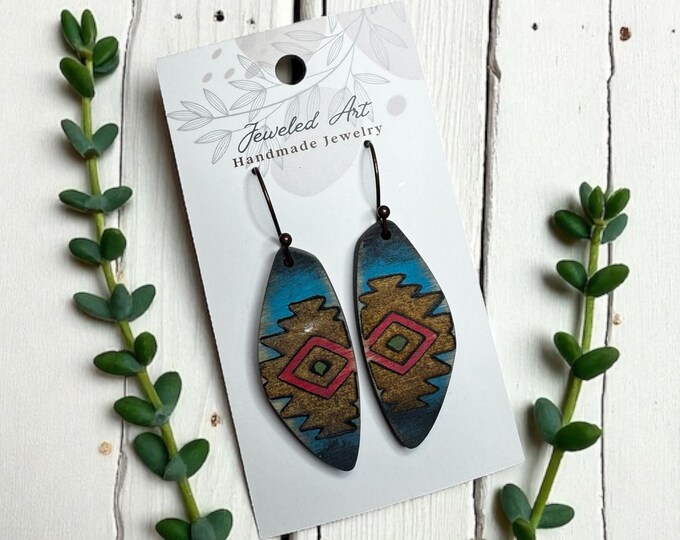 Hand-Painted Southwestern Boho Leaf Wood Earrings