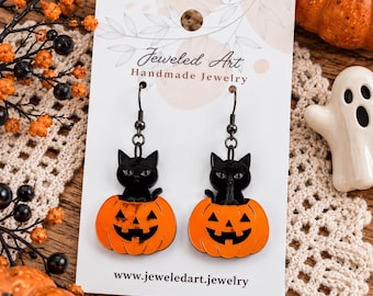 Black Cat Jack-o’-Lantern Acrylic Earrings – Halloween Pumpkin Earrings