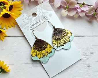 Hand-Painted Boho Sunflower Petal Wood Earrings – Tulip Shape