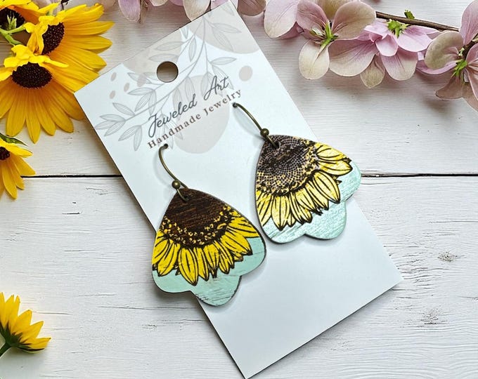 Hand-Painted Boho Sunflower Petal Wood Earrings – Tulip Shape