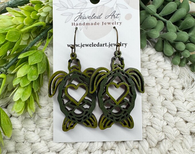 Sea Turtle Heart Shell Cutout Earrings - Wood - Hand Painted