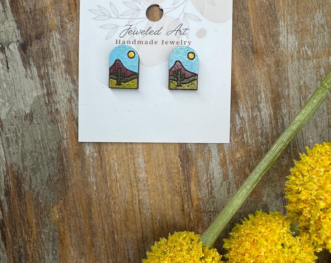 Desert Landscape Stud Earrings – Southwestern Cactus Scene