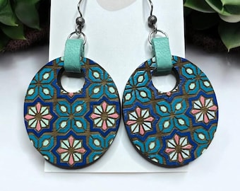 Hand-Painted Moracan Tile Inspired Engraved Wood Earrings