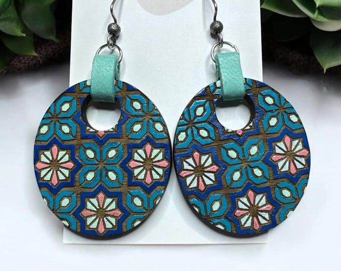 Hand-Painted Moracan Tile Inspired Engraved Wood Earrings