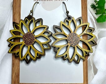Hand-Painted Golden Bloom Sunflower Wood Cutout Earrings