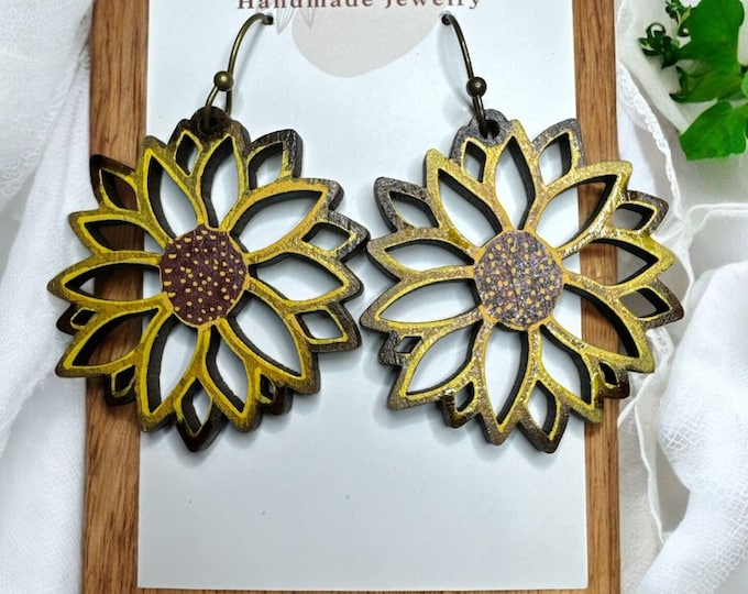 Hand-Painted Golden Bloom Sunflower Wood Cutout Earrings