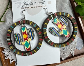 Hand-Painted Wood Hoops With Aztec Cactus Charms Earrings