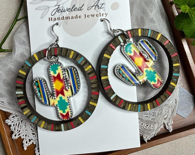Hand-Painted Wood Hoops With Aztec Cactus Charms Earrings