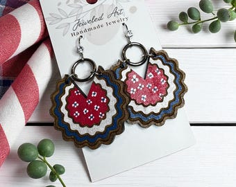 Hand-Painted Patriotic Scalloped Wood Earrings -Americana