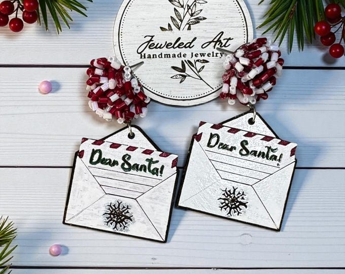 Hand-Painted Dear Santa Envelope Engraved Wood Earrings with Beaded Pom-Pom Toppers