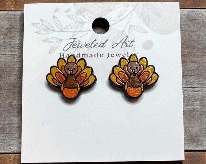 Hand-Painted Turkey Stud Wood Engraved Earrings – Jeweled Art Handmade
