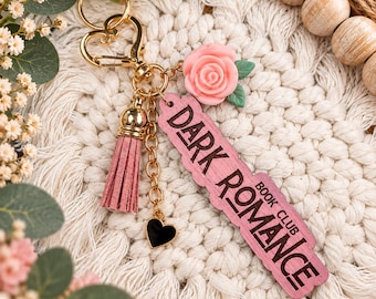 Dark Romance Book Club Purse Charm – Hand-Painted Wood, Blush Tassel, Floral Accent