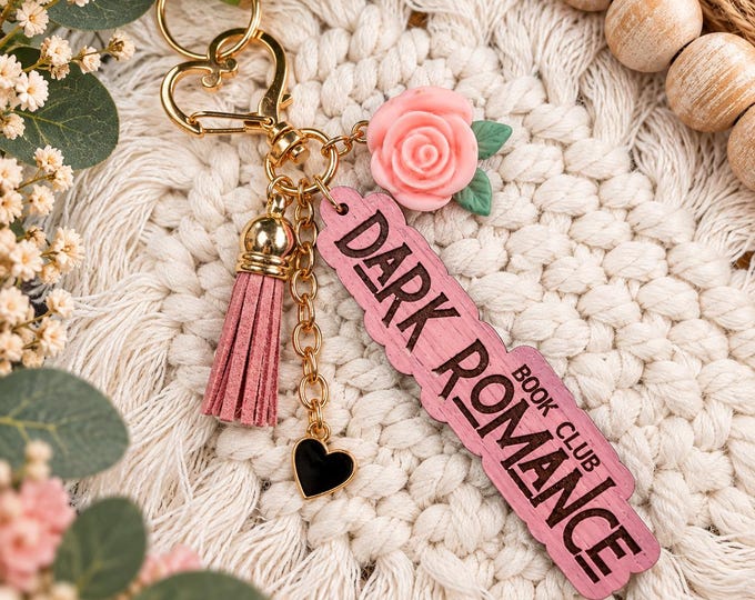 Dark Romance Book Club Purse Charm – Hand-Painted Wood, Blush Tassel, Floral Accent