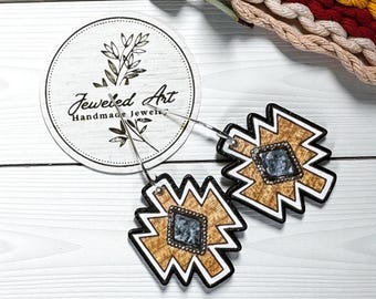 Hand-Painted Aztec Diamond Black and White Wooden Earrings – Jeweled Art Handmade