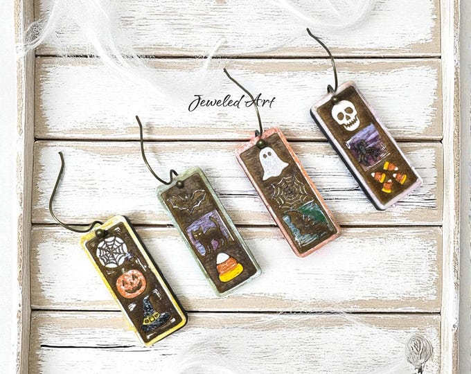 Hand-Painted Halloween Scene Rectangular Drop Earrings – Jeweled Art Handmade
