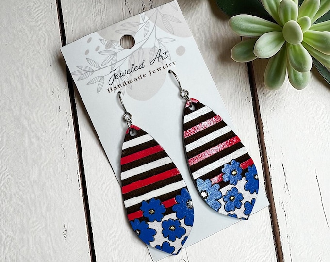 Hand-Painted Striped & Floral Wooden Teardrop Earrings – Americana