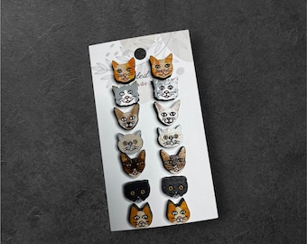 Hand-Painted Cat Lover Stud Engraved Wood Earrings