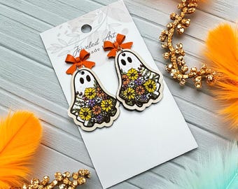 Pre-Order Only Hand-Painted Floral Ghost Leather Engraved Earrings with Orange Bows - Spooky Season
