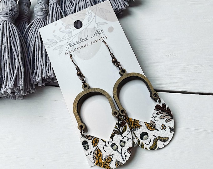 Hand-Crafted Autumn Acorn & Oak Leaf Wood and Faux Leather Earrings