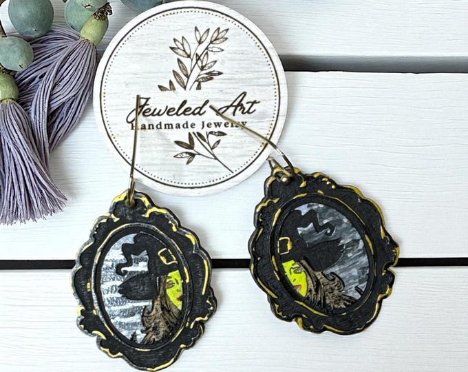 Hand-Painted Witchy Reflection Engraved Wood Earrings – Spooky Season - Wicked