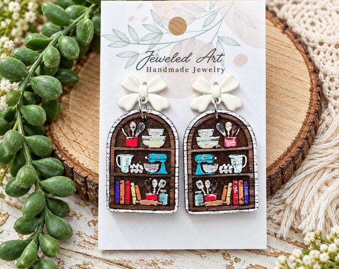 Baker’s Shelf Earrings – Hand-Painted Wood – Jeweled Art Handmade
