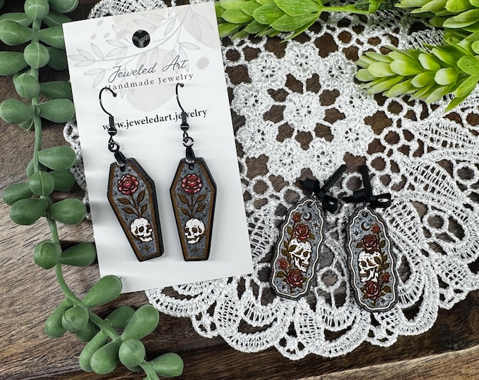 Hand-Painted Gothic Skull + Rose Coffin Earrings - 3 styles - Halloween