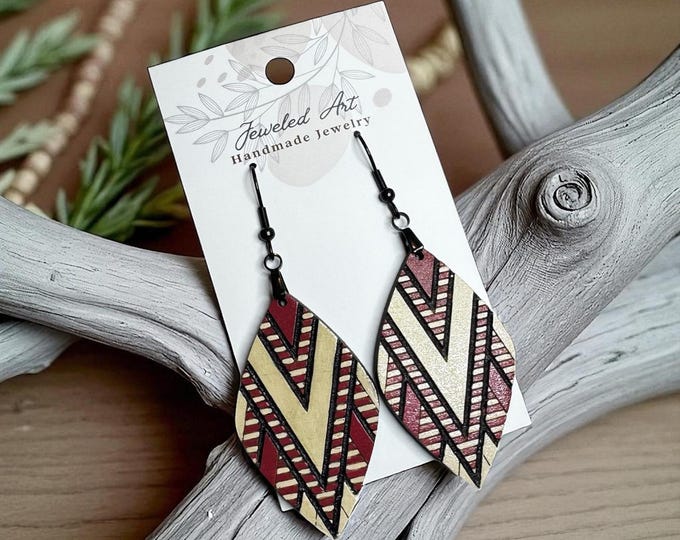 Hand-Painted Southwest Chevron Diamond Wood Earrings