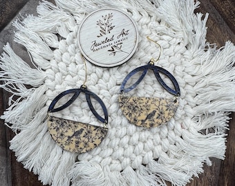 Vintage Bird Print Geometric Earrings – Wood Dangle