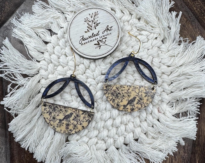 Vintage Bird Print Geometric Earrings – Wood Dangle