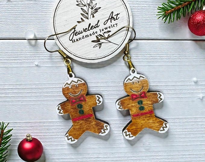 Hand-Painted Gingerbread Man Wooden Earrings – Jeweled Art Handmade