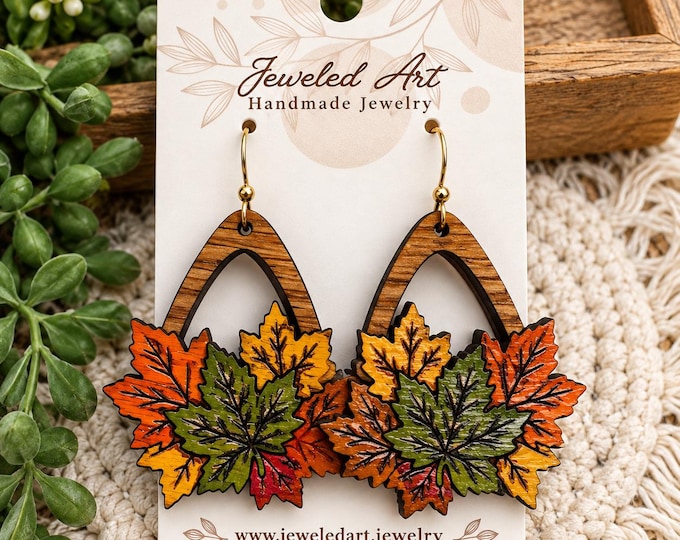 Hand-Painted Autumn Layered Foliage Engraved Wood Earrings - Fall